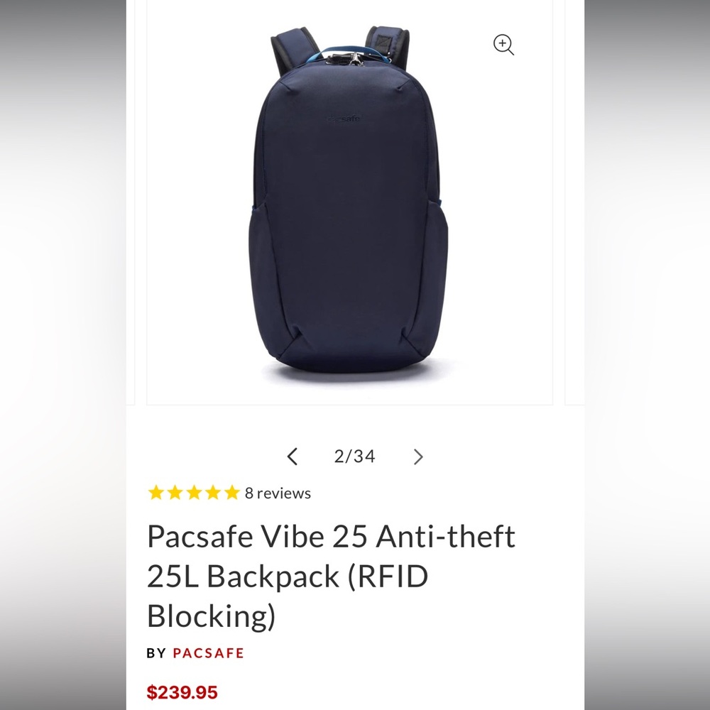 Pacsafe Vibe 25 Anti-Theft Navy Backpack - dark navy color. New with tags.